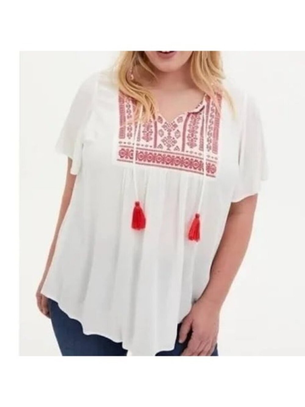 Torrid White Peasant Tunic Red Embroidered Yoke Tassels Crinkle Gauze NEW 3X 22